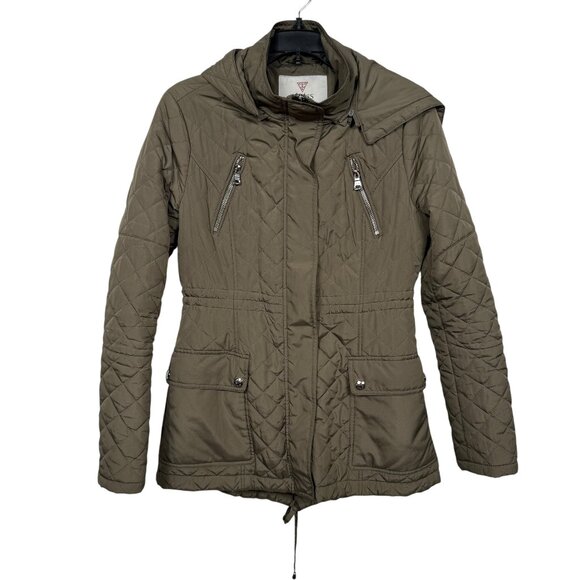 Guess Quilted Puffer Barn Jacket Womens Small Green Packable Lightweight Hooded - Picture 1 of 10